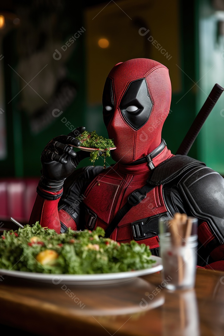 Deadpool comendo uma salada verde em um café