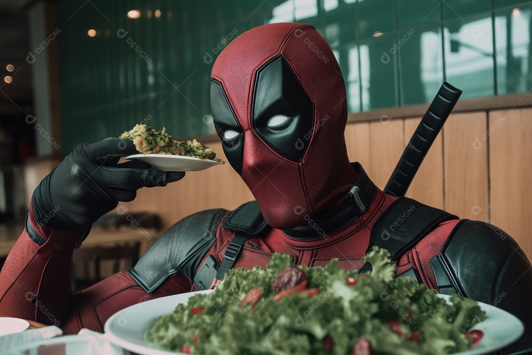 Deadpool comendo uma salada verde em um café