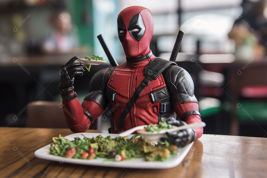 Deadpool comendo uma salada verde em um café