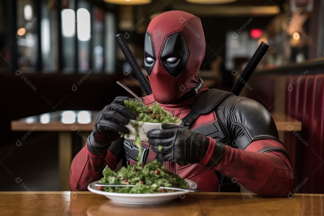 Deadpool comendo uma salada verde em um café