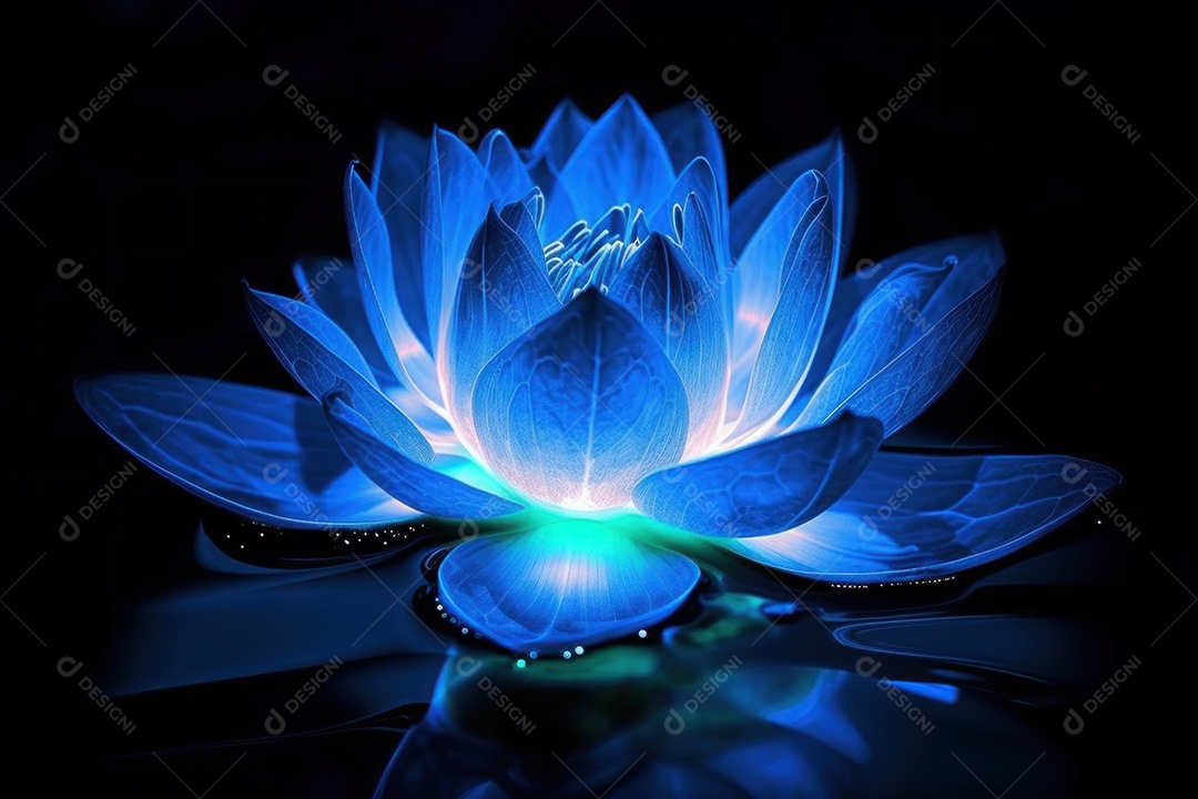 Flor de lótus queimando com chamas azuis e brancas transparentes