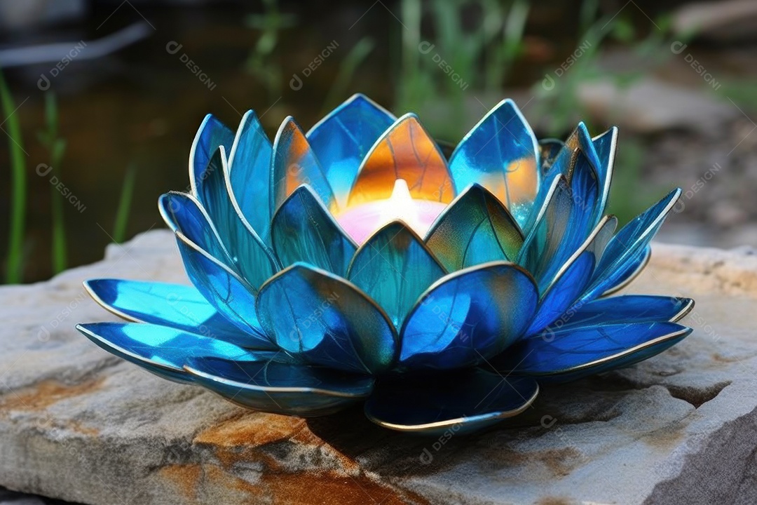 Flor de lótus queimando com chamas azuis e brancas transparentes