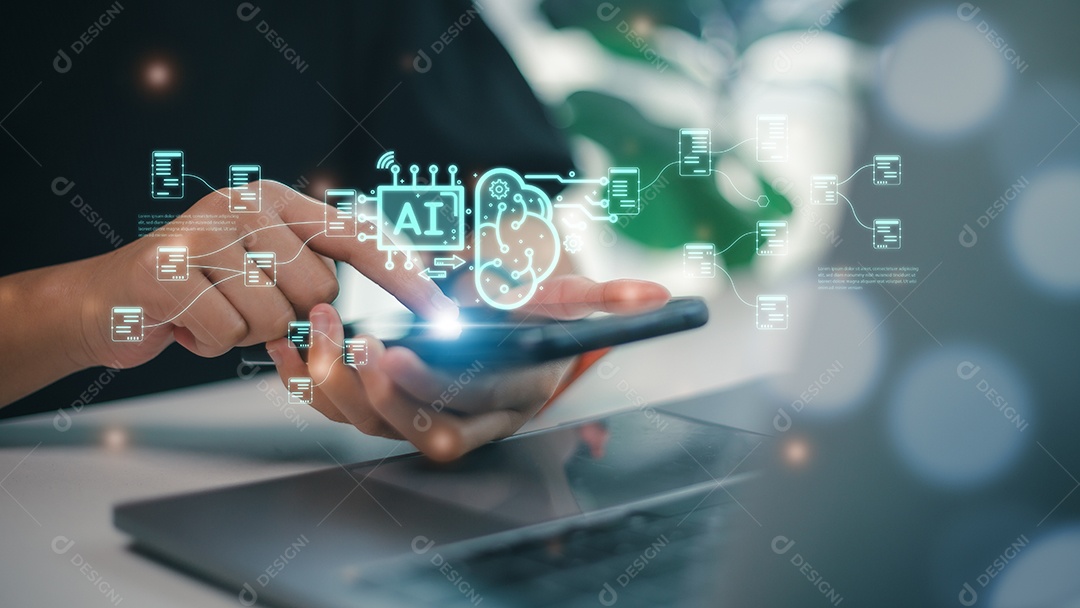 As mulheres de conceito de tecnologia e pessoas usam IA para ajudar no trabalho