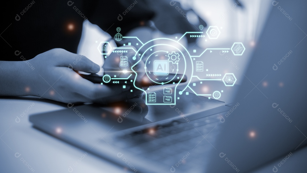 As mulheres de conceito de tecnologia e pessoas usam IA para ajudar no trabalho