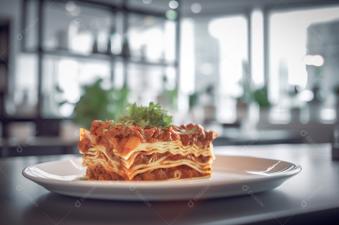 Porção de lasanha caseira de suculenta carne moída assada coberta com queijo derretido