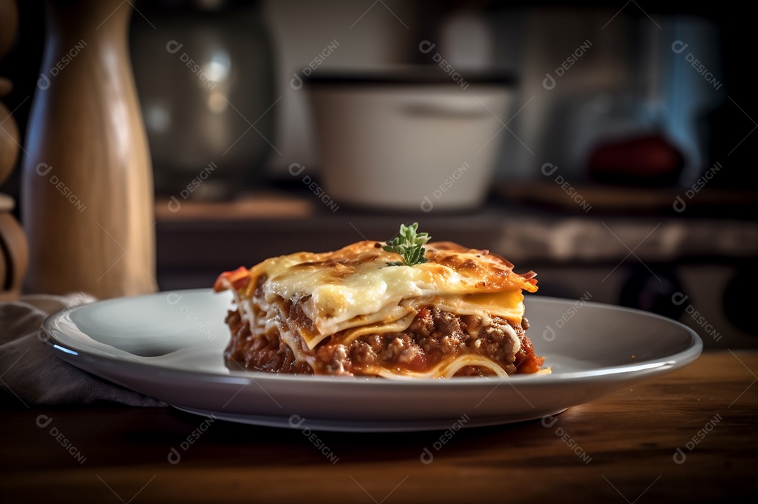 Porção de lasanha caseira de suculenta carne moída assada coberta com queijo derretido
