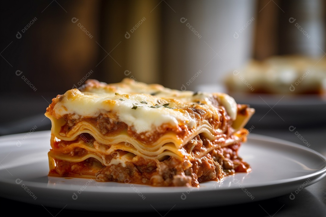 Porção de lasanha caseira de suculenta carne moída assada coberta com queijo derretido