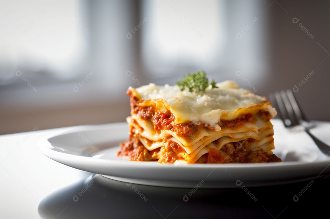 Porção de lasanha caseira de suculenta carne moída assada coberta com queijo derretido