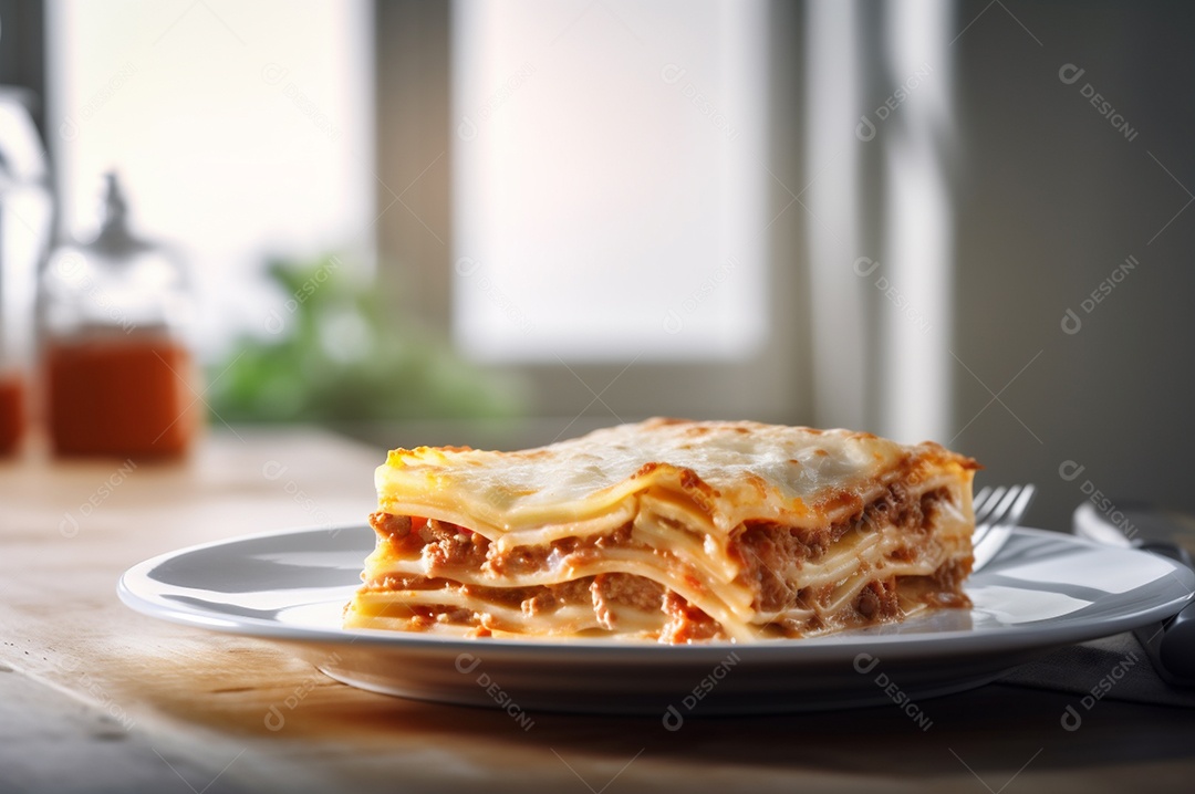 Porção de lasanha caseira de suculenta carne moída assada coberta com queijo derretido