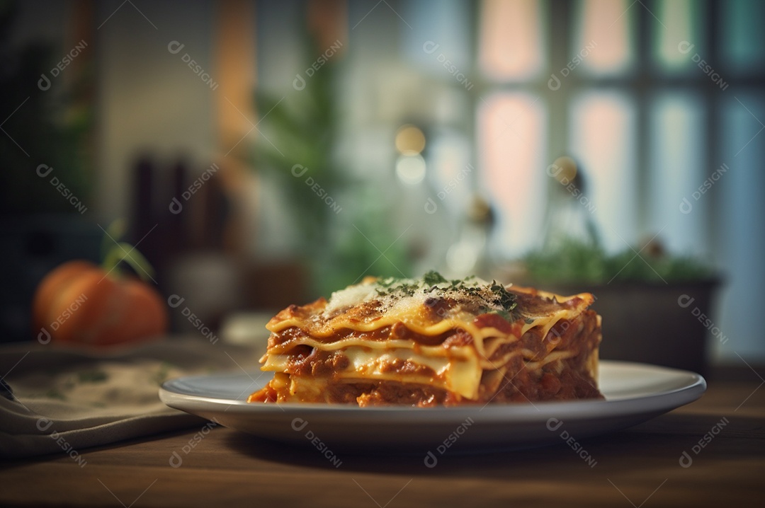 Porção de lasanha caseira de suculenta carne moída assada coberta com queijo derretido