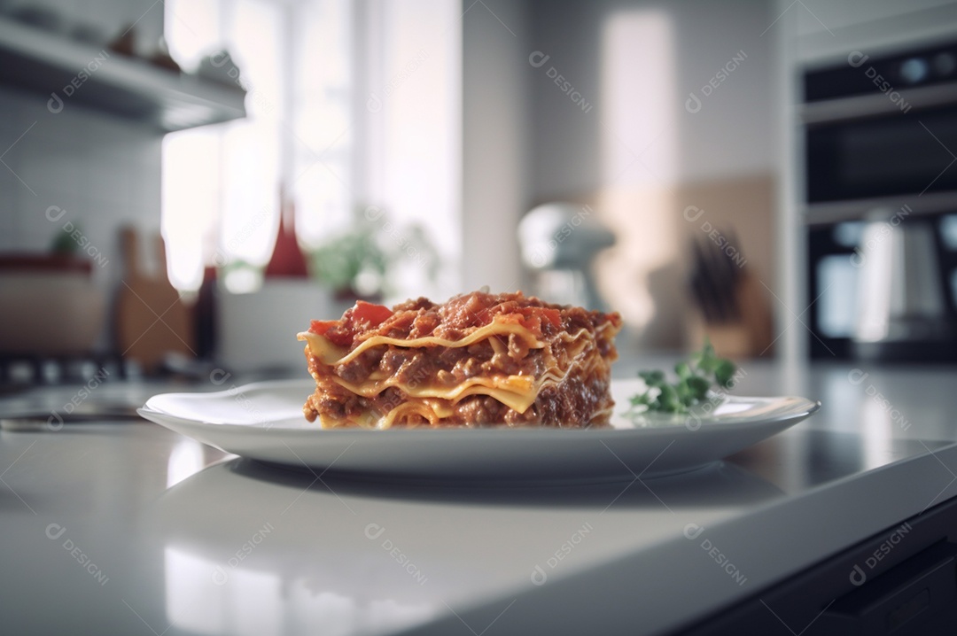 Porção de lasanha caseira de suculenta carne moída assada coberta com queijo derretido