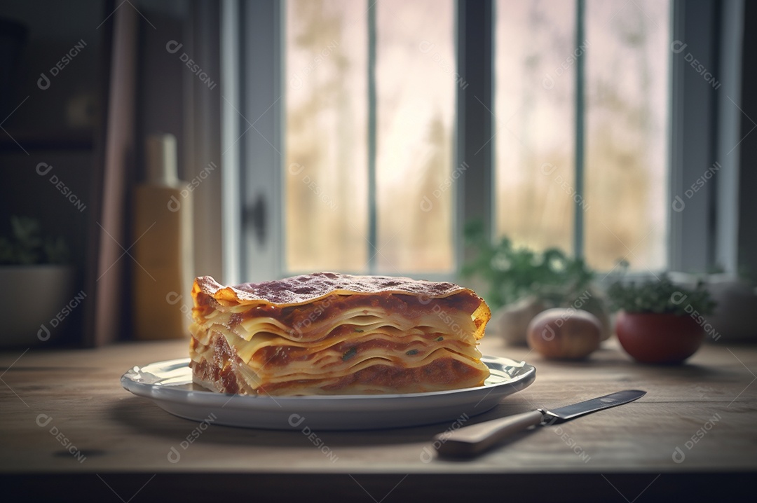 Porção de lasanha caseira de suculenta carne moída assada coberta com queijo derretido