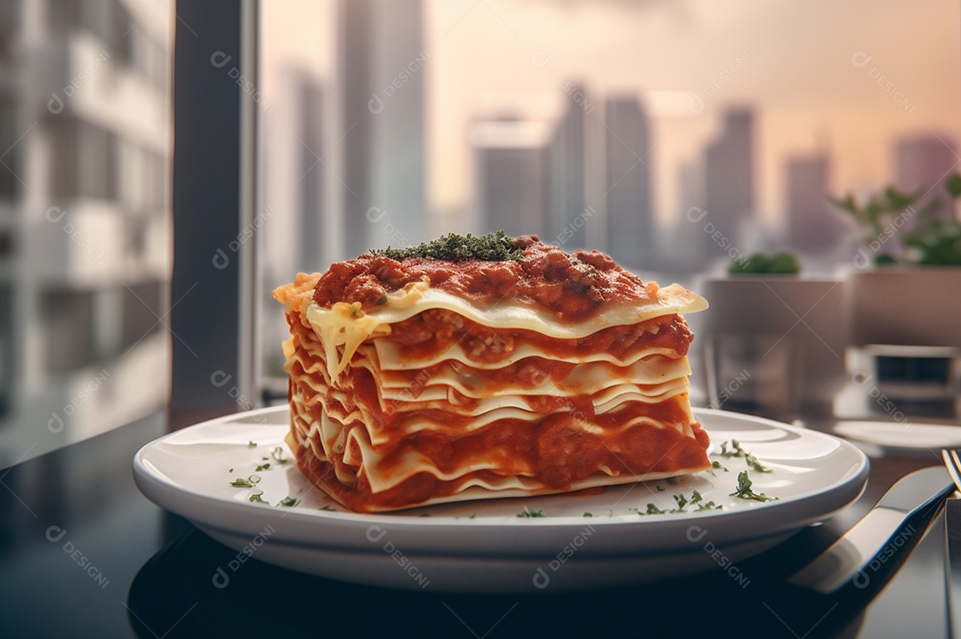 Porção de lasanha caseira de suculenta carne moída assada coberta com queijo derretido