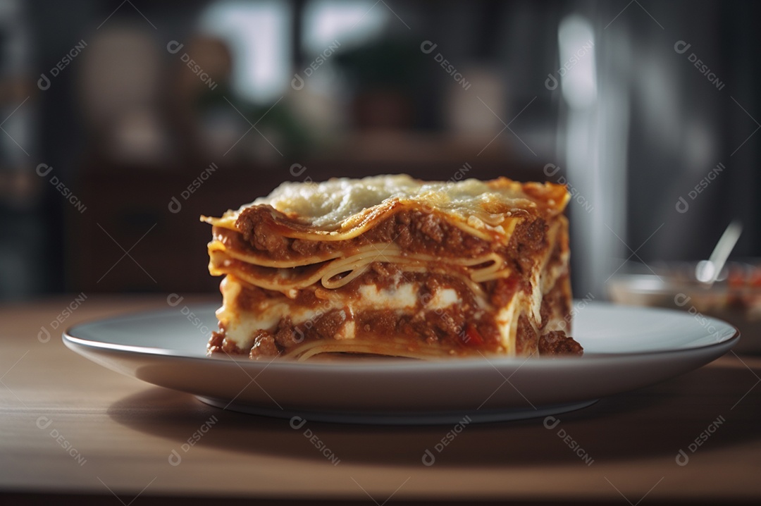 Porção de lasanha caseira de suculenta carne moída assada coberta com queijo derretido
