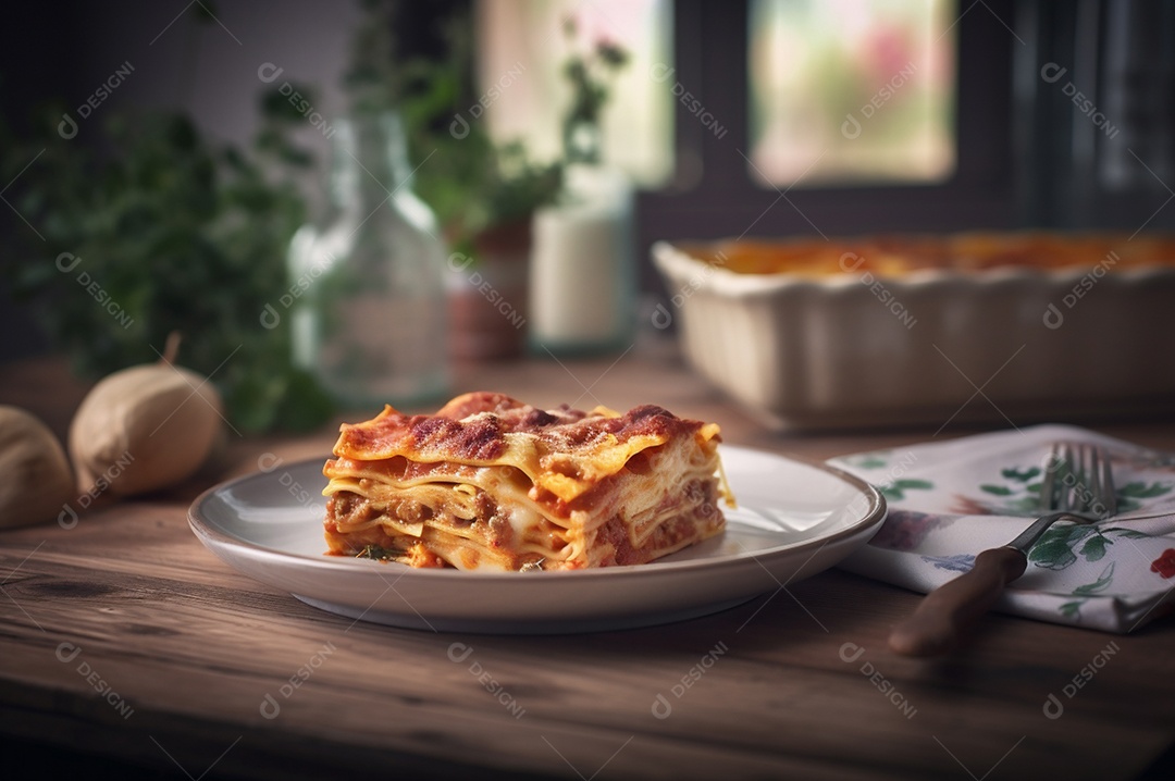 Porção de lasanha caseira de suculenta carne moída assada coberta com queijo derretido