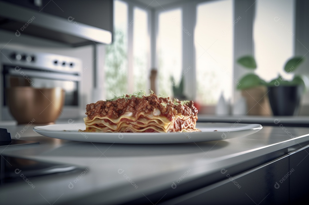 Porção de lasanha caseira de suculenta carne moída assada coberta com queijo derretido