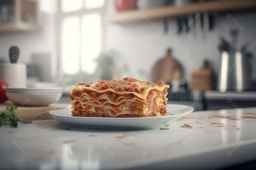 Porção de lasanha caseira de suculenta carne moída assada coberta com queijo derretido