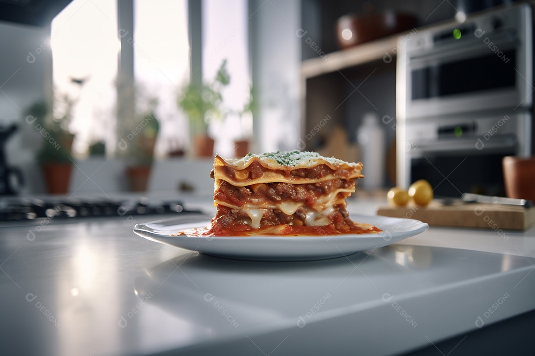 Porção de lasanha caseira de suculenta carne moída assada coberta com queijo derretido