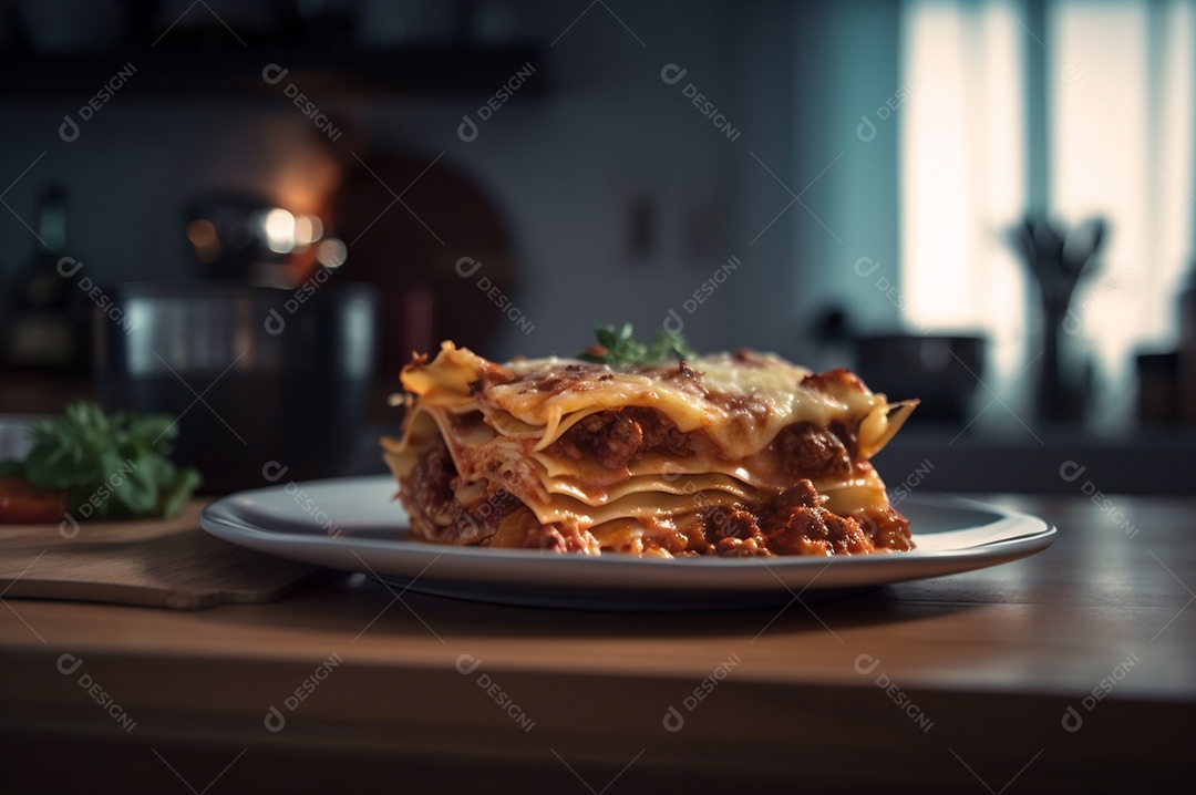 Porção de lasanha caseira de suculenta carne moída assada coberta com queijo derretido
