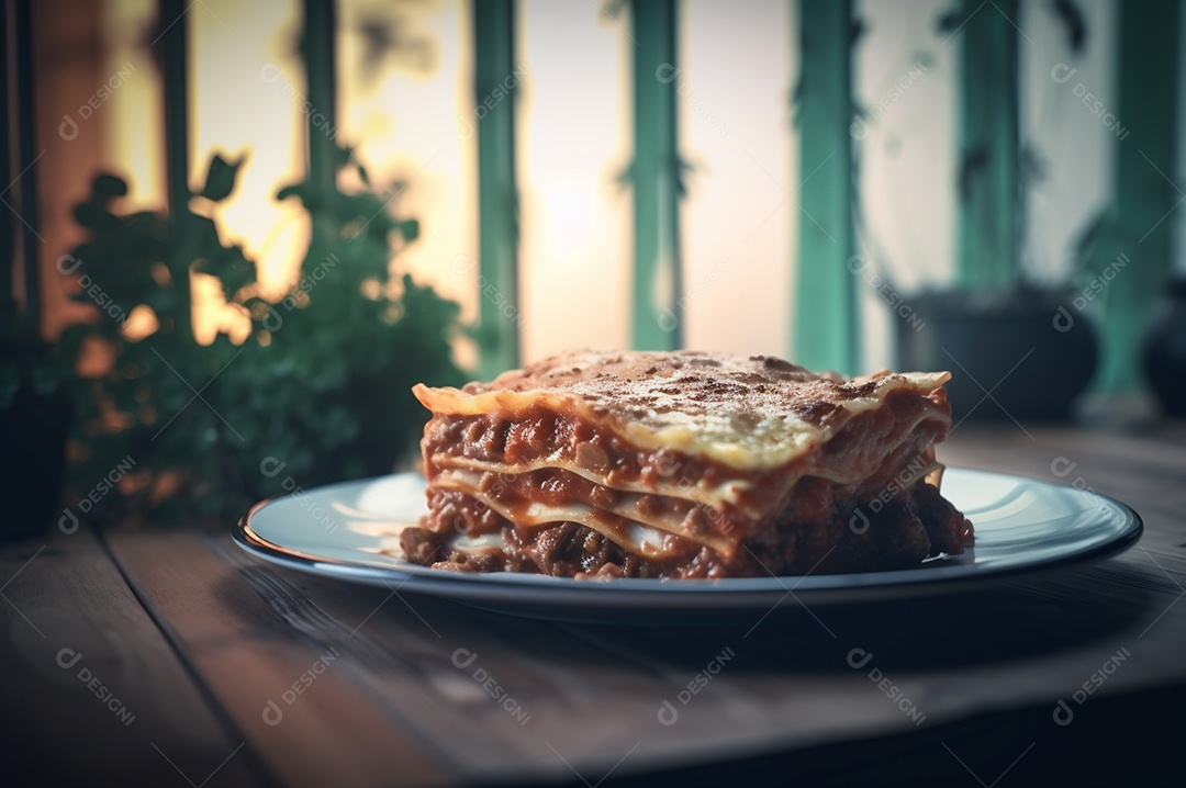 Porção de lasanha caseira de suculenta carne moída assada coberta com queijo derretido