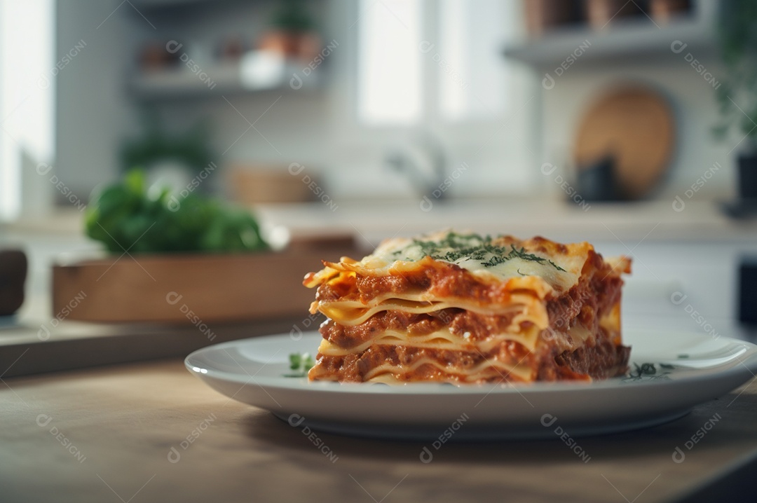 Porção de lasanha caseira de suculenta carne moída assada coberta com queijo derretido