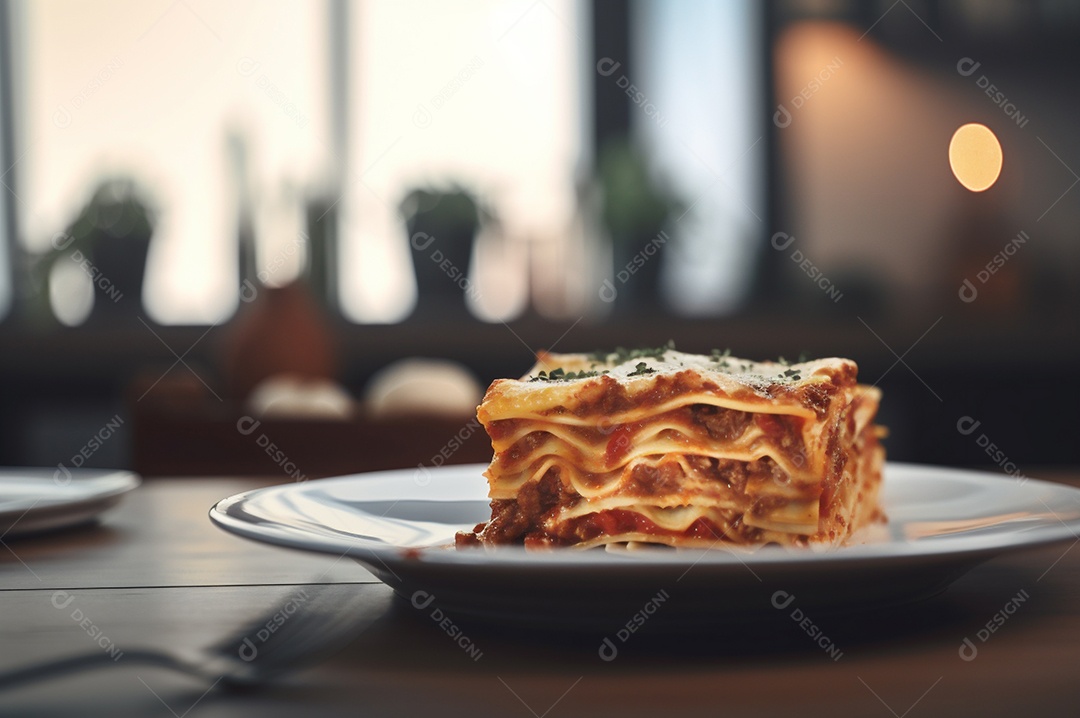 Porção de lasanha caseira de suculenta carne moída assada coberta com queijo derretido