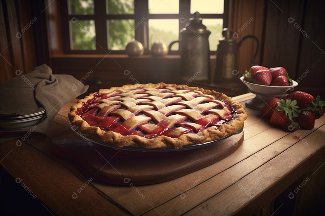 Torta de morango caseira assada, na mesa de madeira rústica, fundo da cozinha