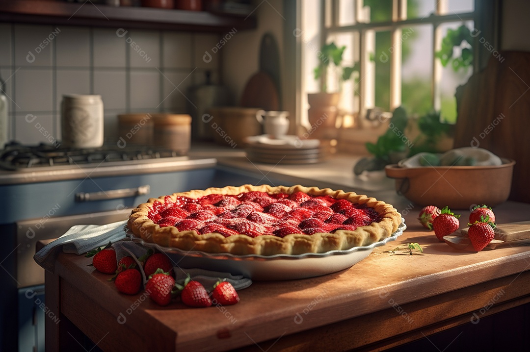 Torta de morango caseira assada, na mesa de madeira rústica, fundo da cozinha