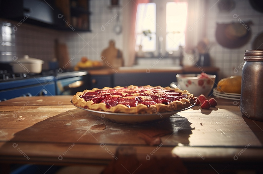 Torta de morango caseira assada, na mesa de madeira rústica, fundo da cozinha