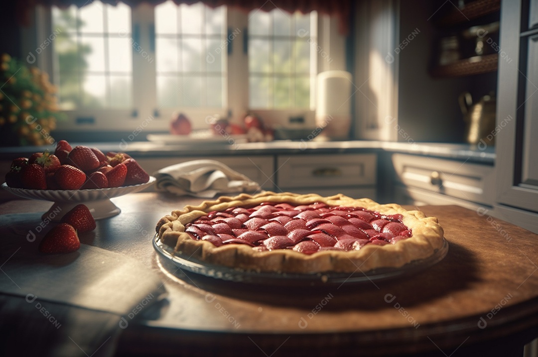 Torta de morango caseira assada, na mesa de madeira rústica, fundo da cozinha