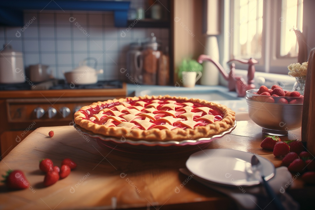 Torta de morango caseira assada, na mesa de madeira rústica, fundo da cozinha