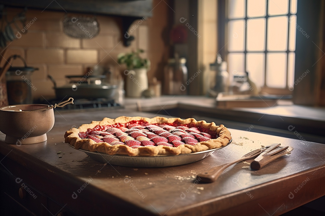 Torta de morango caseira assada, na mesa de madeira rústica, fundo da cozinha