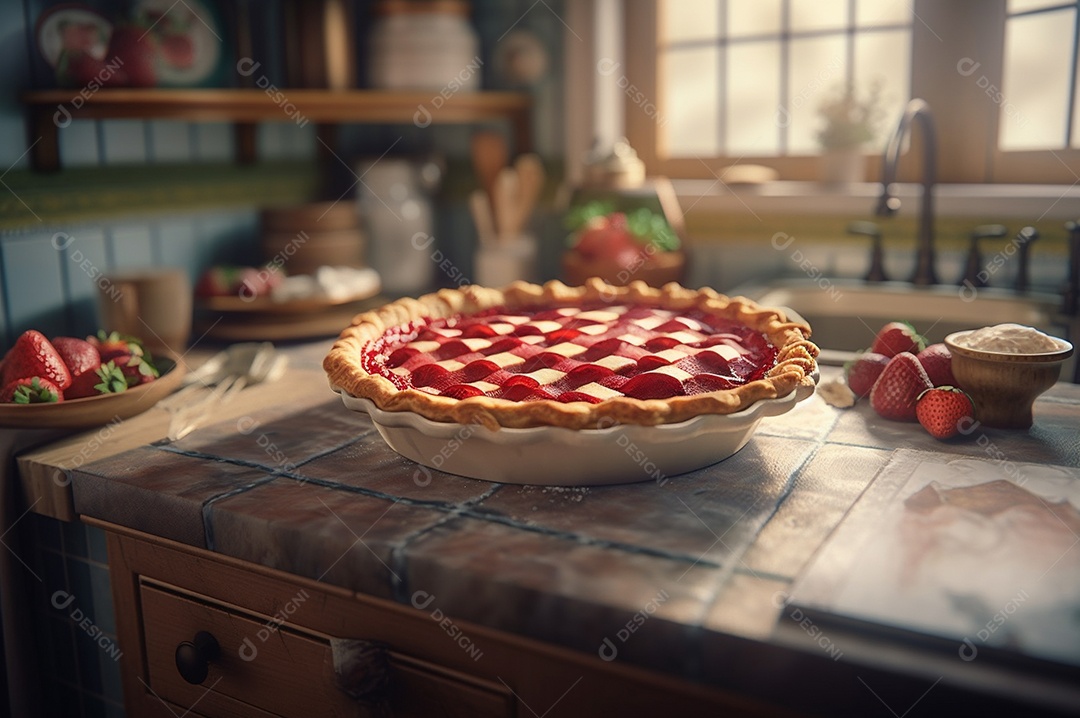 Torta de morango caseira assada, na mesa de madeira rústica, fundo da cozinha