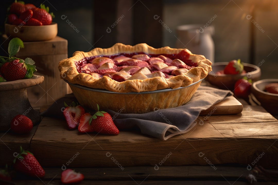 Torta de morango caseira assada, na mesa de madeira rústica, fundo da cozinha