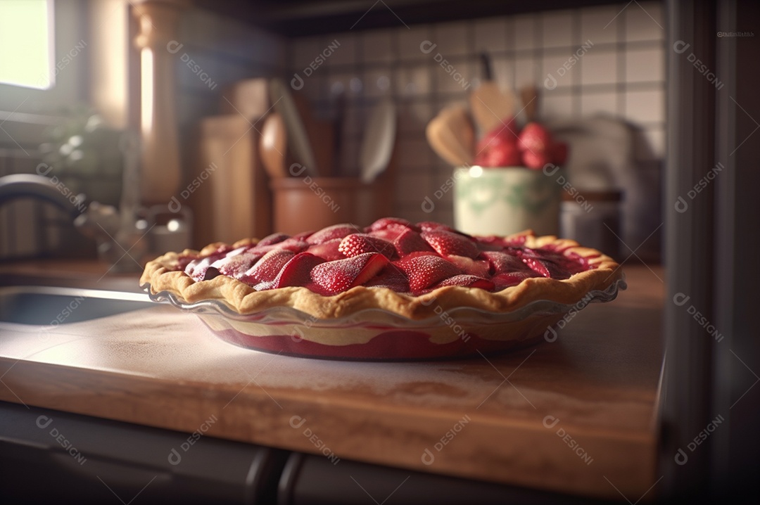 Torta de morango caseira assada, na mesa de madeira rústica, fundo da cozinha