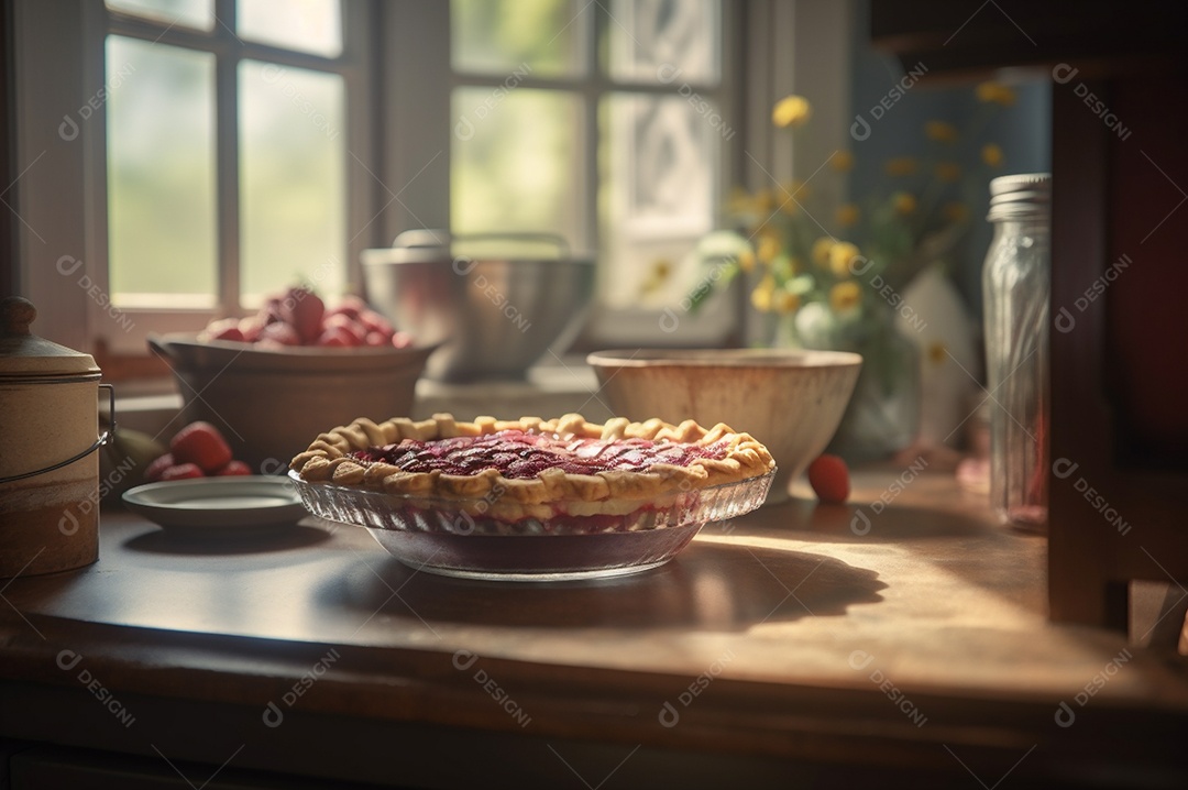 Torta de morango caseira assada, na mesa de madeira rústica, fundo da cozinha