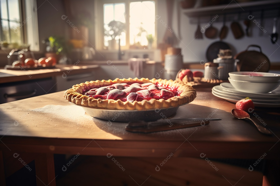 Torta de morango caseira assada, na mesa de madeira rústica, fundo da cozinha