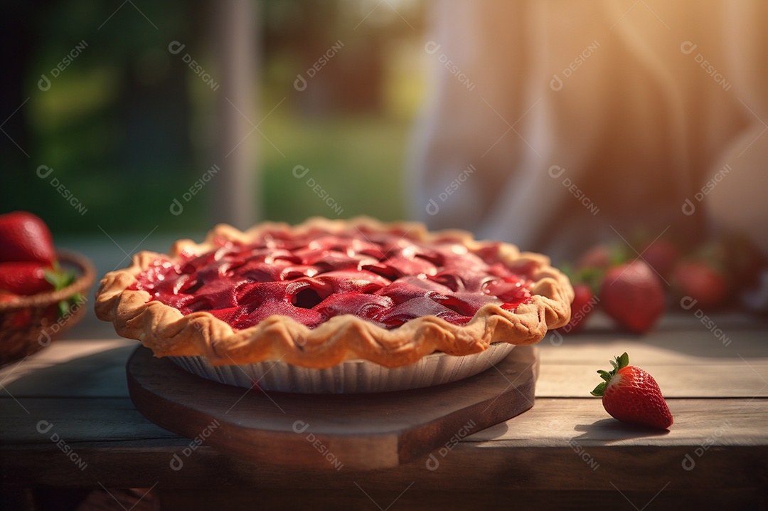 Torta de morango caseira assada, na mesa de madeira rústica, fundo da cozinha