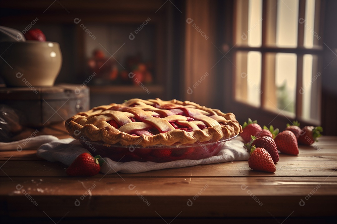 Torta de morango caseira assada, na mesa de madeira rústica, fundo da cozinha