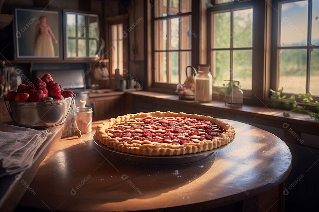 Torta de morango caseira assada, na mesa de madeira rústica, fundo da cozinha