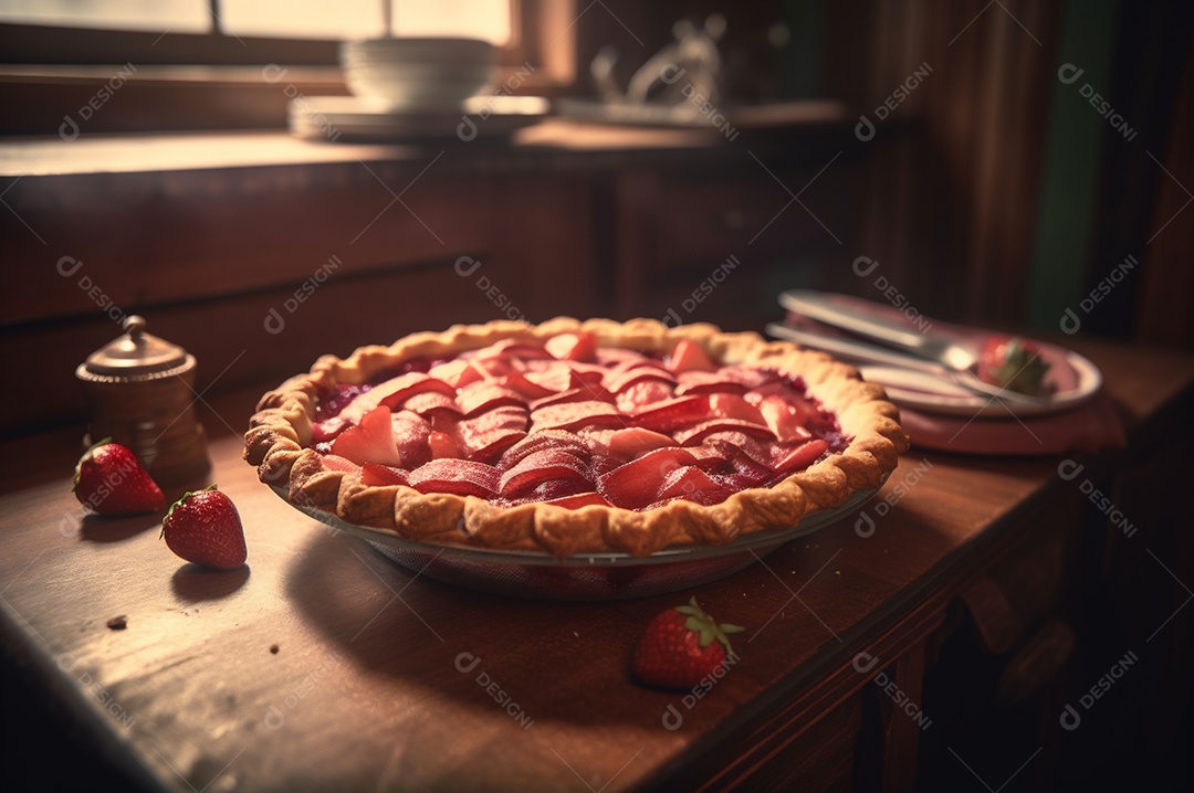 Torta de morango caseira assada, na mesa de madeira rústica, fundo da cozinha