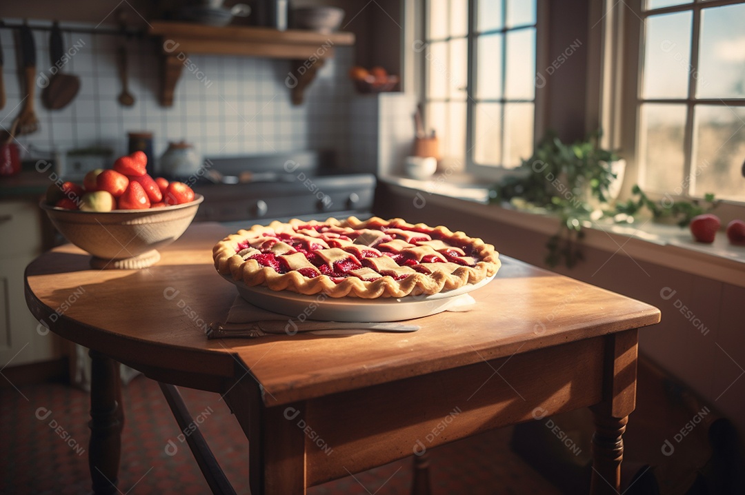 Torta de morango caseira assada, na mesa de madeira rústica, fundo da cozinha