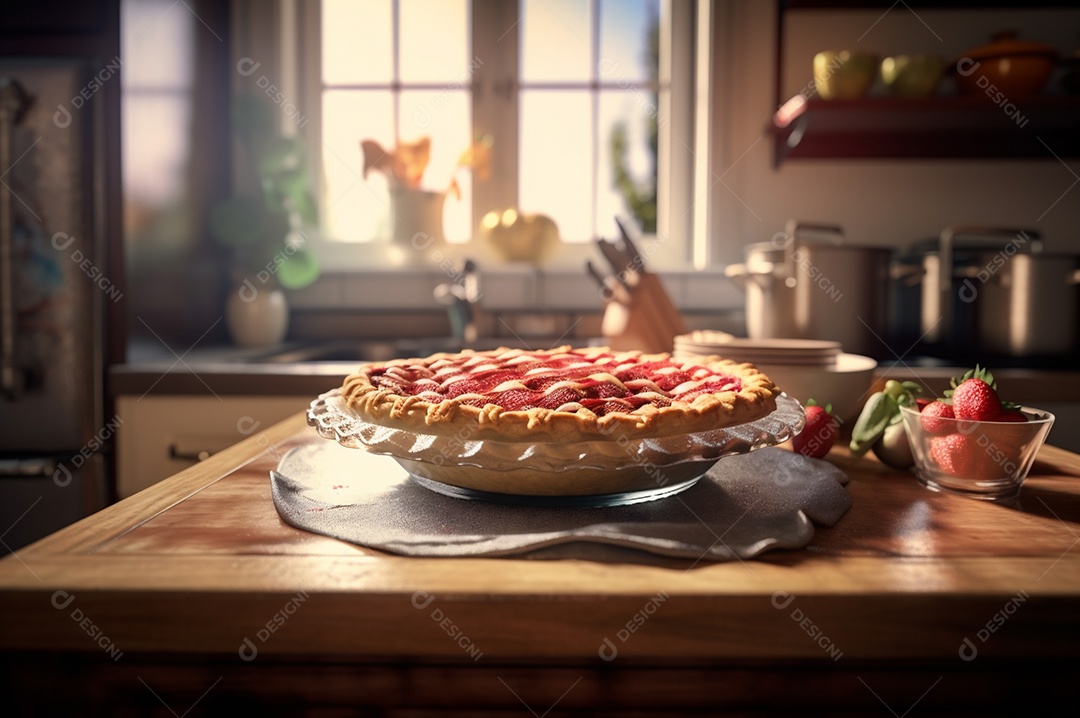 Torta de morango caseira assada, na mesa de madeira rústica, fundo da cozinha