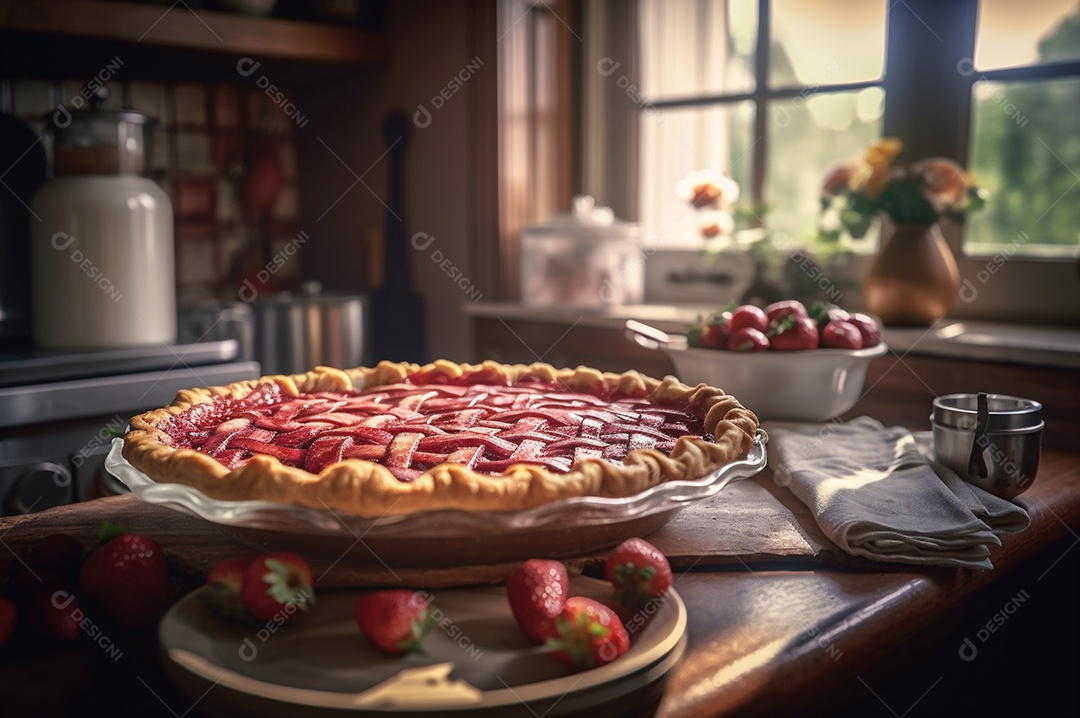 Torta de morango caseira assada, na mesa de madeira rústica, fundo da cozinha