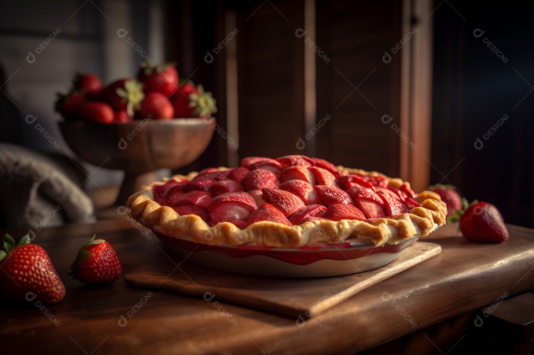 Torta de morango caseira assada, na mesa de madeira rústica, fundo da cozinha