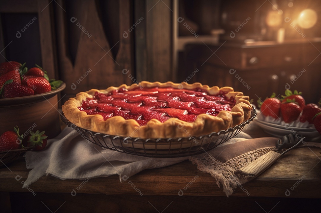 Torta de morango caseira assada, na mesa de madeira rústica, fundo da cozinha