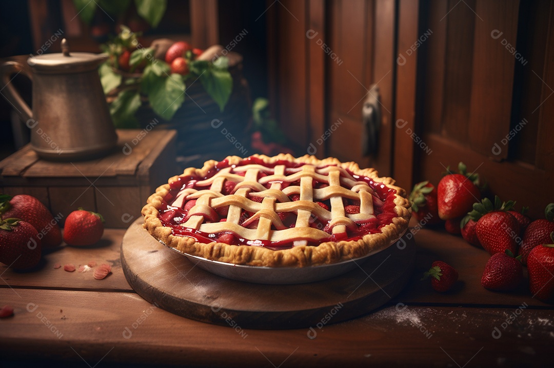 Torta de morango caseira assada, na mesa de madeira rústica, fundo da cozinha