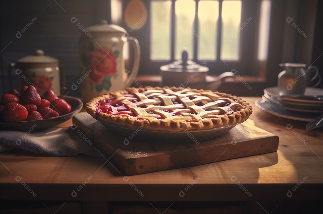 Torta de morango caseira assada, na mesa de madeira rústica, fundo da cozinha