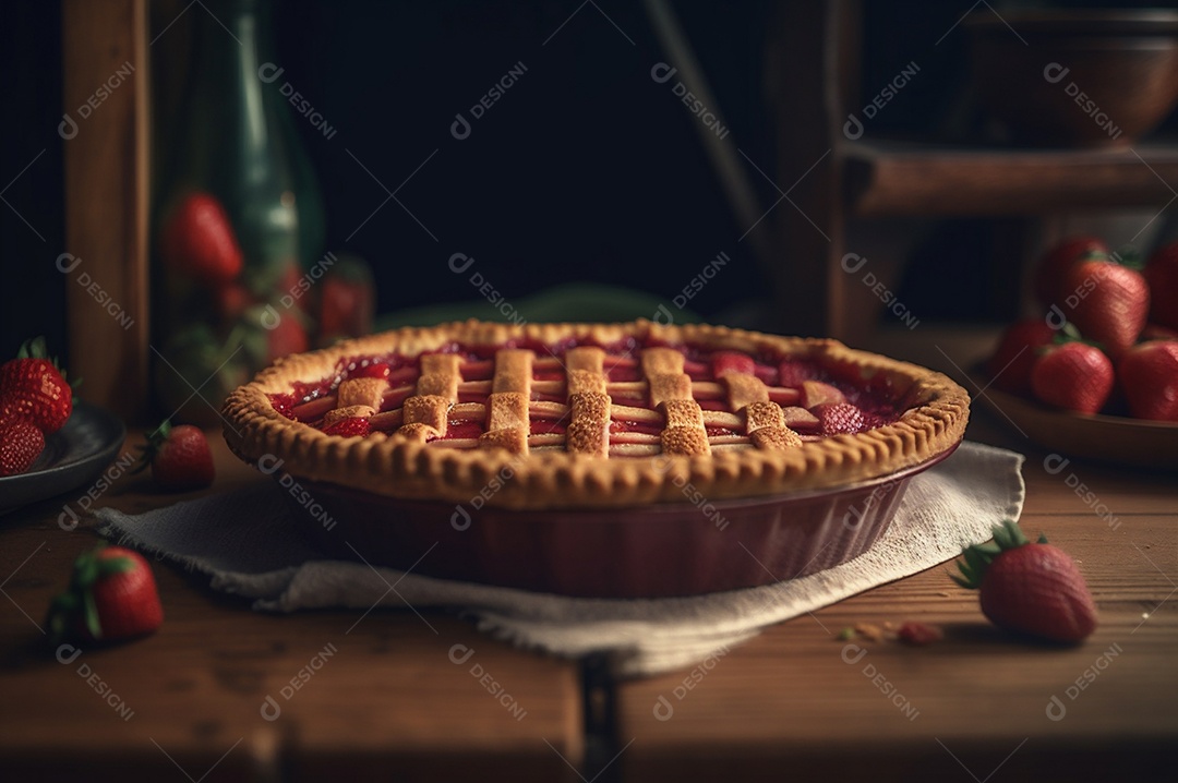 Torta de morango caseira assada, na mesa de madeira rústica, fundo da cozinha