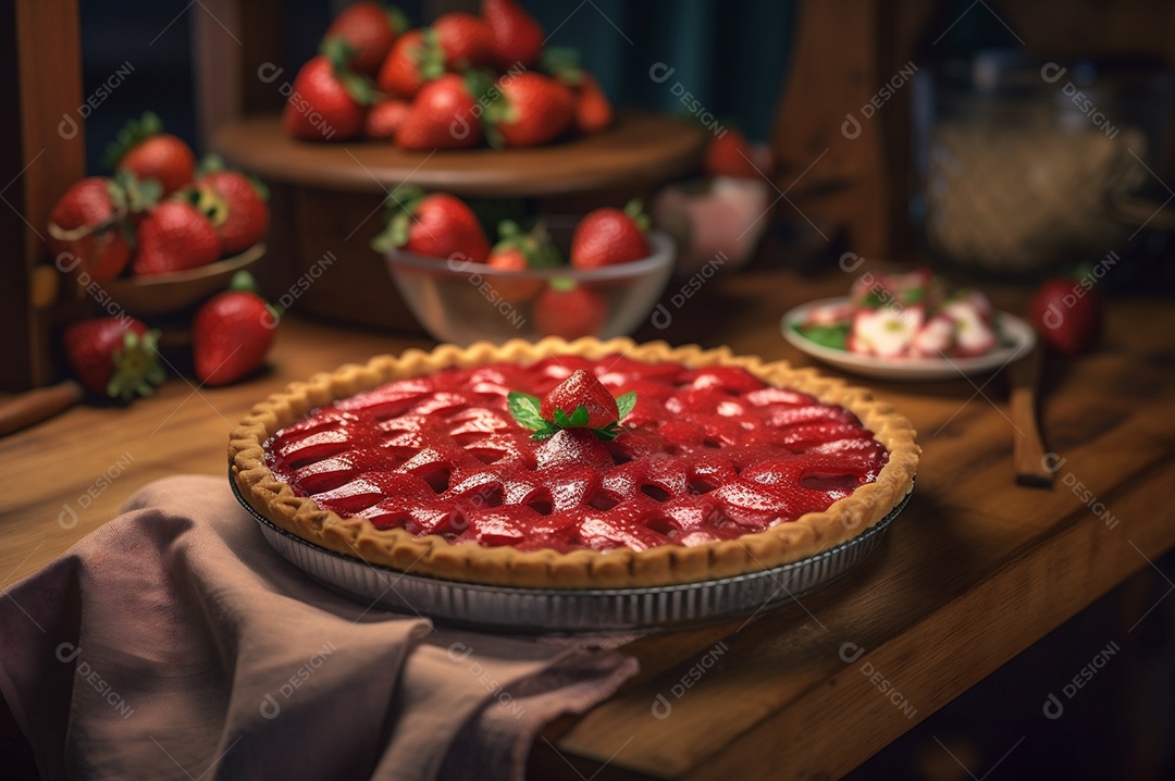 Torta de morango caseira assada, na mesa de madeira rústica, fundo da cozinha